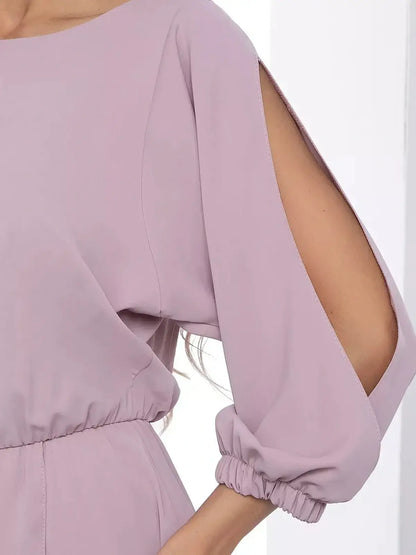 Close-up of the Blush Aura Midi Dress showcasing elegant shoulder cut-outs and soft lilac fabric.
