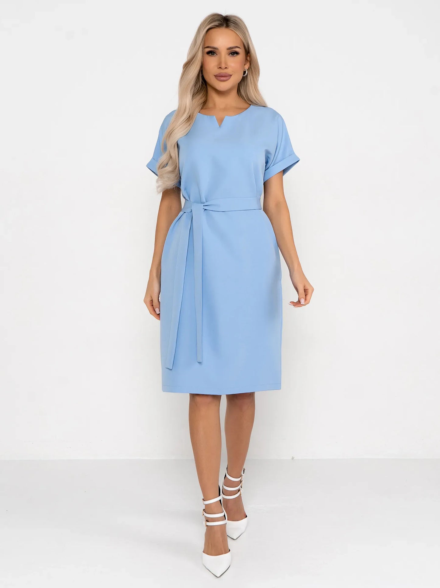 Light blue mini dress with rolled short sleeves and self-tie belt, perfect for formal and casual occasions.