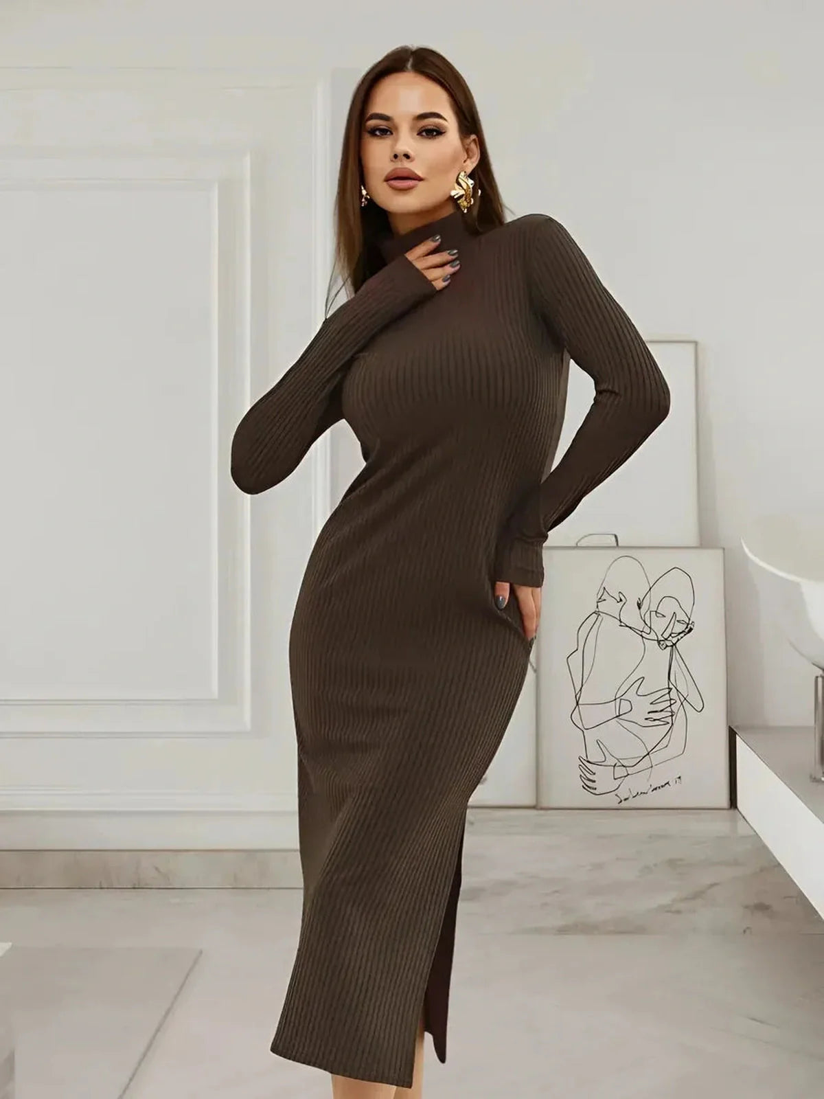 Contour midi dress in deep brown ribbed knit, featuring a mock neck and side slit, perfect for weddings and casual outings.