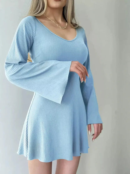 Light blue Sky Flare Mini Dress featuring flared sleeves and a feminine silhouette, perfect for summer or special events.
