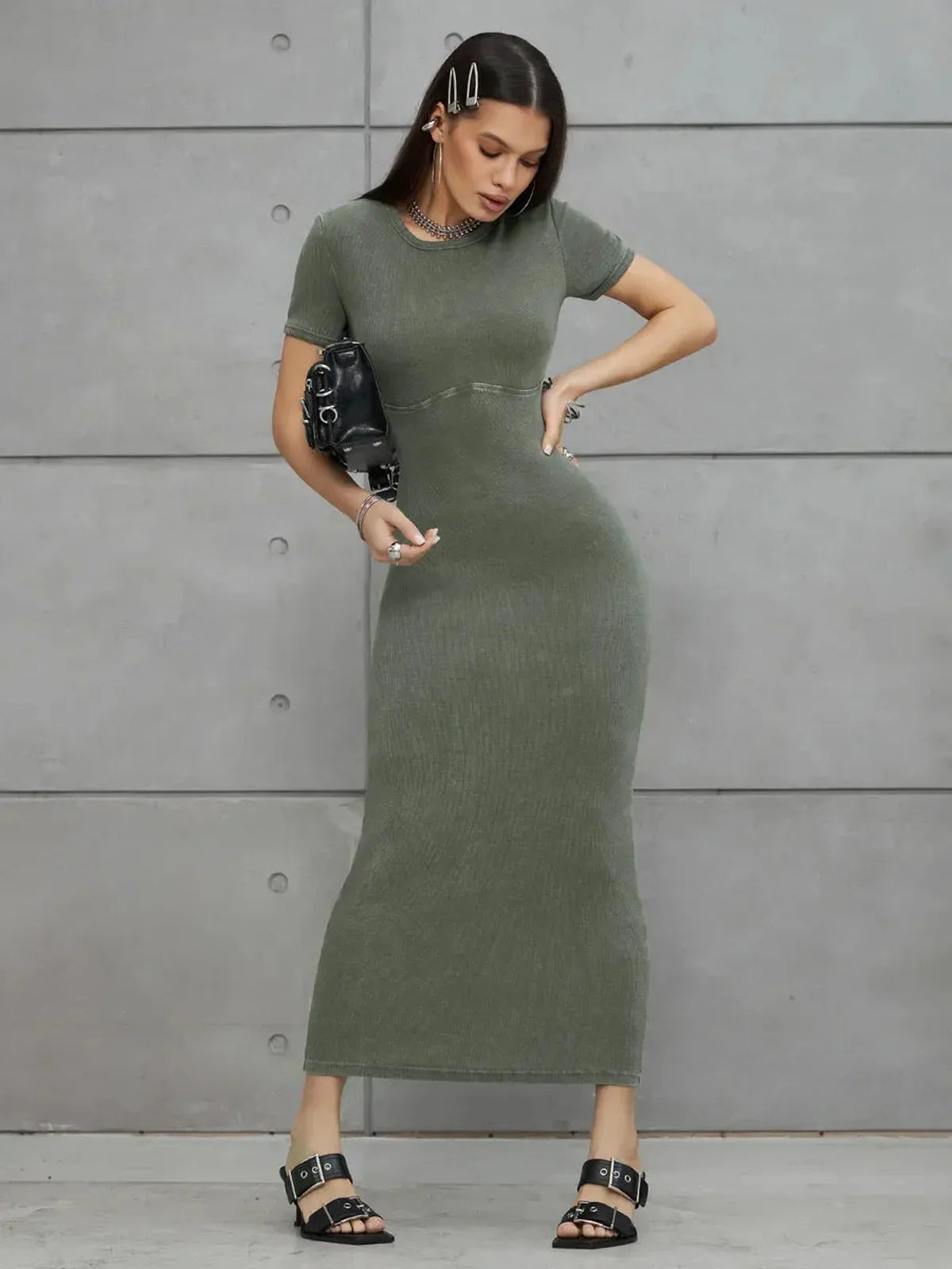 Olive Line Maxi Dress in khaki green ribbed cotton, perfect for summer, weddings, or formal occasions.