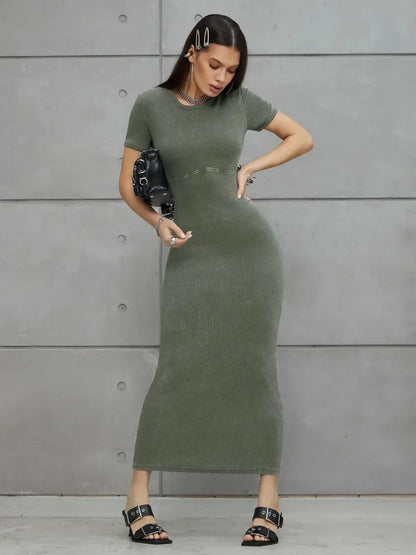 Olive Line Maxi Dress in khaki green ribbed cotton, perfect for summer, weddings, or formal occasions.