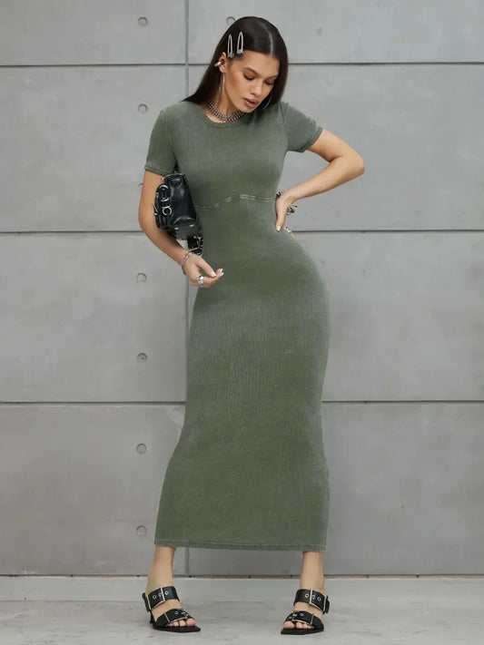 Olive Line Maxi Dress in khaki green ribbed cotton, perfect for summer, weddings, or formal occasions.