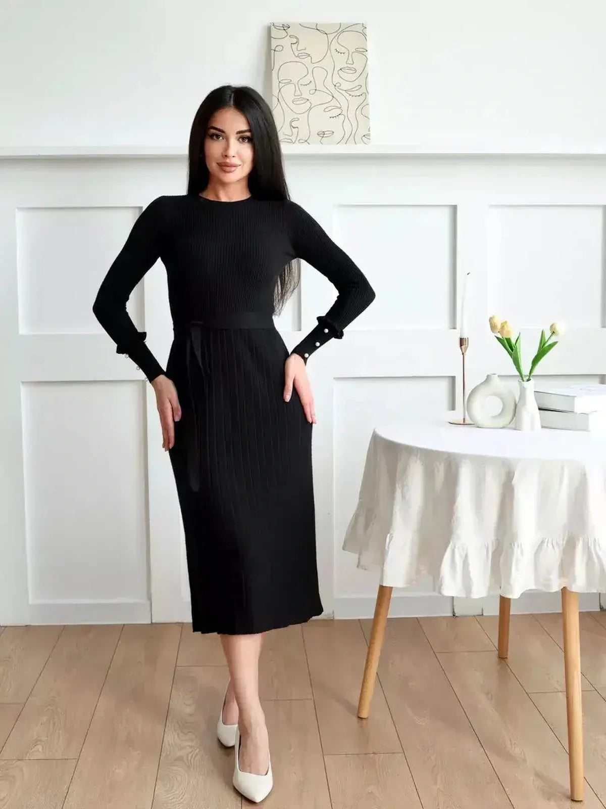 Midnight Grace Midi Dress in black ribbed fabric with pearl detail, ideal for weddings, proms, and formal occasions.