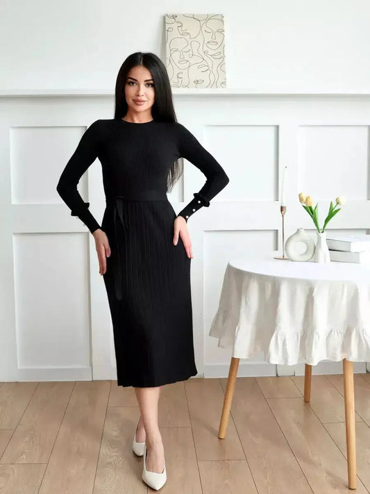 Midnight Grace Midi Dress in black ribbed fabric with pearl detail, ideal for weddings, proms, and formal occasions.