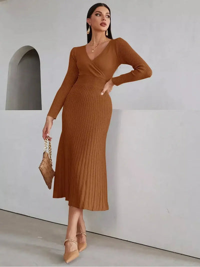 Flattering Sculpted Elegance Midi Dress in warm brown, featuring ribbed texture and a modern design for any occasion.