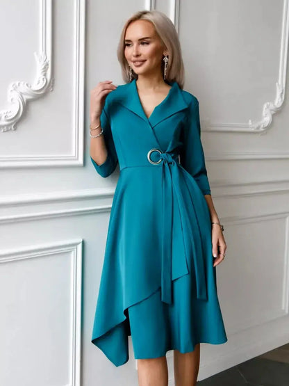 Sea Grace Midi Dress in sea wave teal, beautifully tailored wrap style with elegant flow, perfect for weddings and formal events.