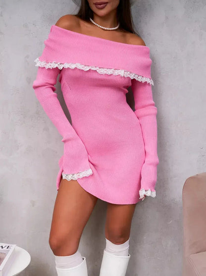Feminine pink off-shoulder mini dress with lace trim, perfect for summer parties or casual outings.