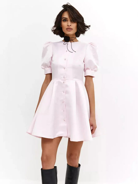 Pearl Puff Mini Dress in soft pink satin featuring puff sleeves and a flared skirt, perfect for weddings and parties.