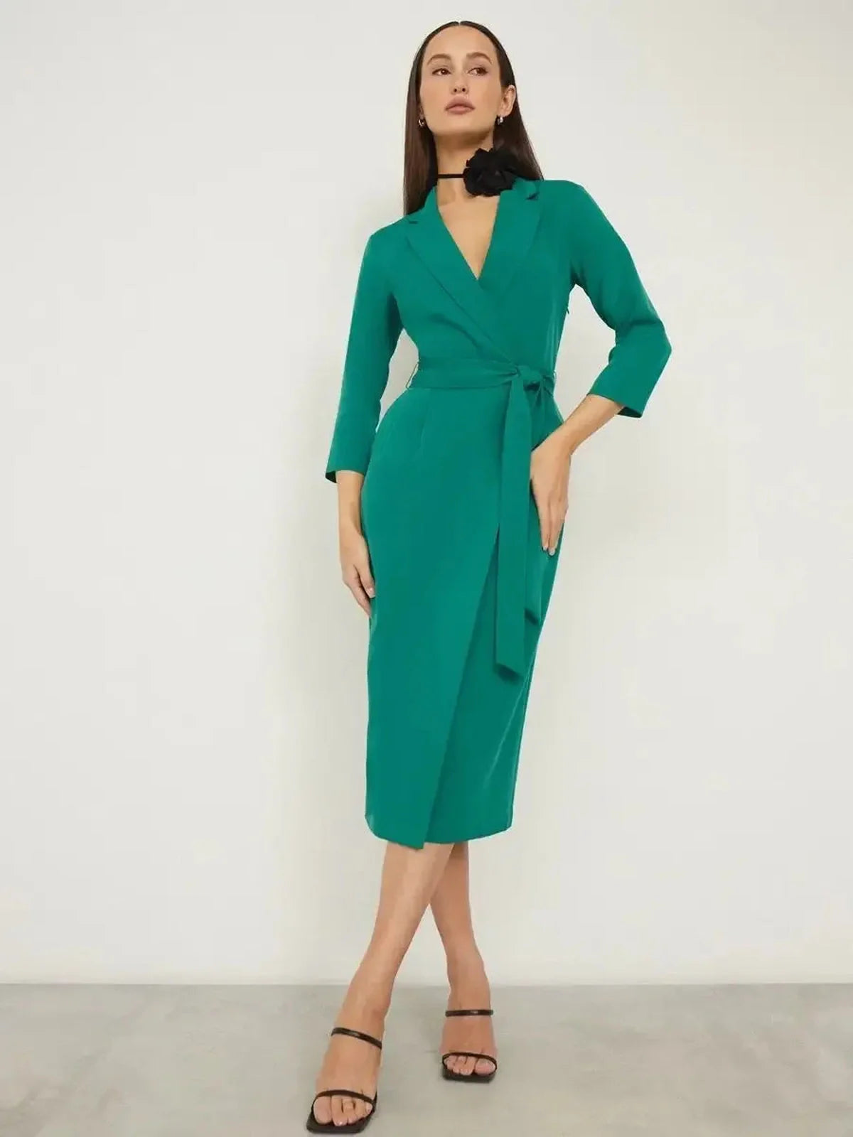 Sculpted Grace Midi Dress in emerald green featuring tailored elegance, belted waist, and contemporary silhouette.