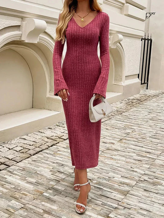 Elegant chestnut midi dress with ribbed knit, flared sleeves, and V-neckline, perfect for weddings and formal occasions.