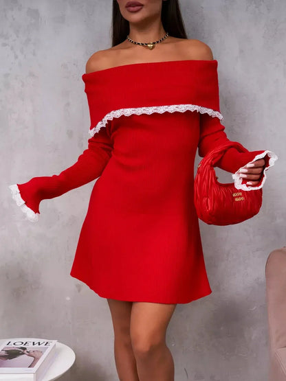Lace Charm Mini Dress in red, off-shoulder with white lace trim, perfect for parties, weddings, and cocktail events.
