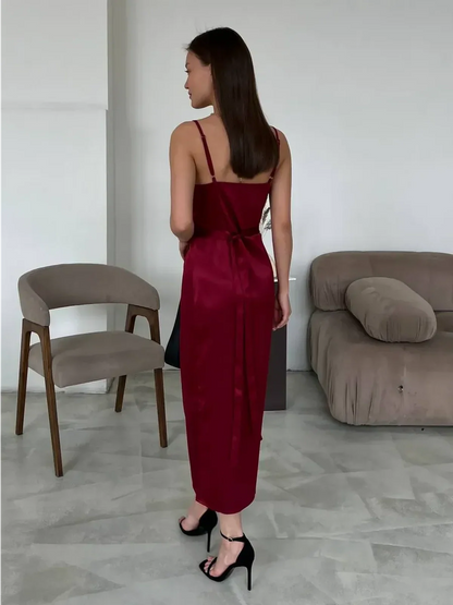 Elegant garnet midi dress featuring a wrap design, perfect for weddings and special occasions.