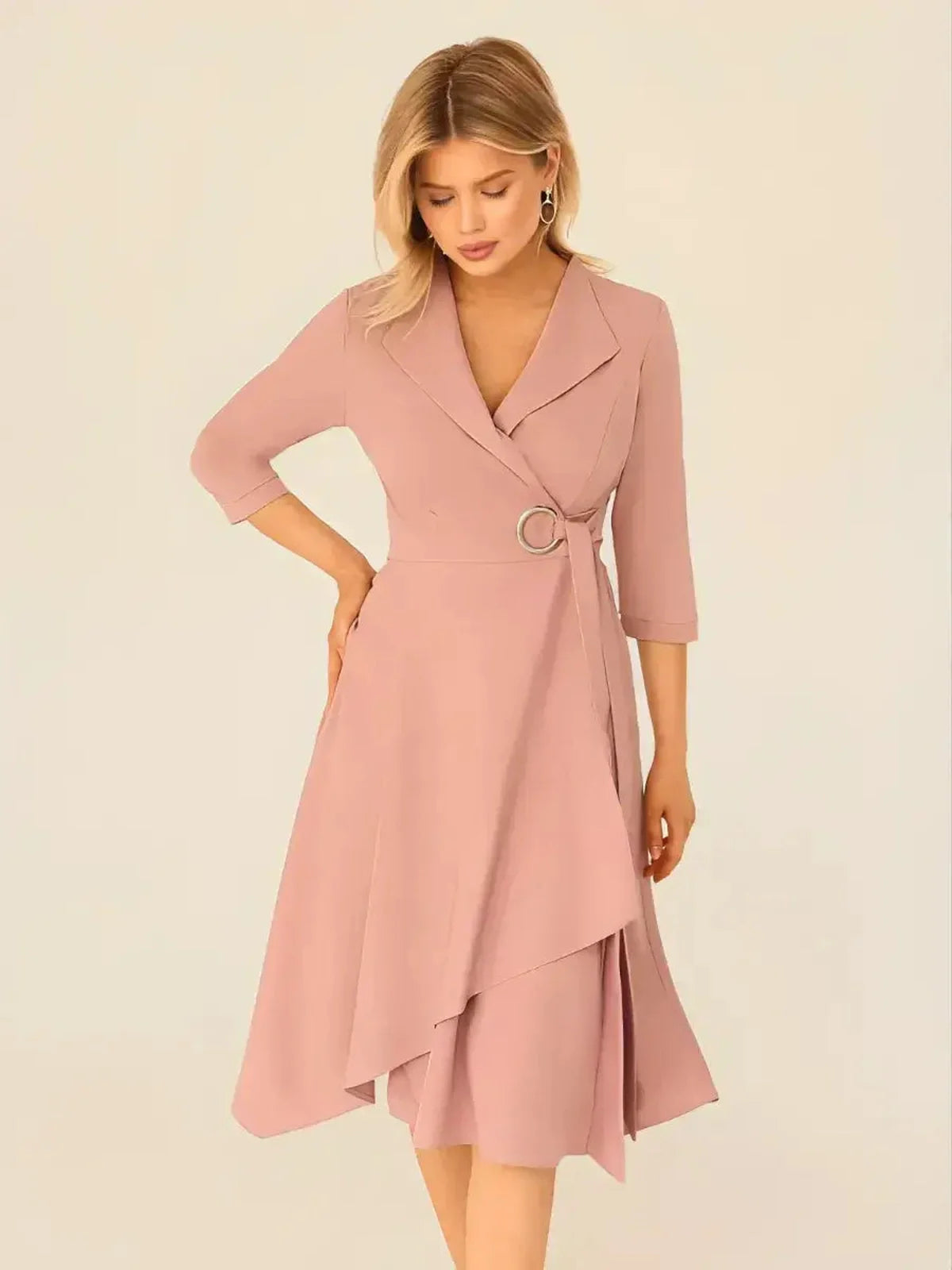 Blush Charm Midi Dress featuring a wrap silhouette and asymmetric hemline, ideal for weddings and formal events.