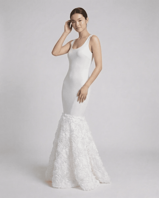 Eirene Maxi Dress by Slimona - Sleek sleeveless design with textured rosette hem in crisp white.