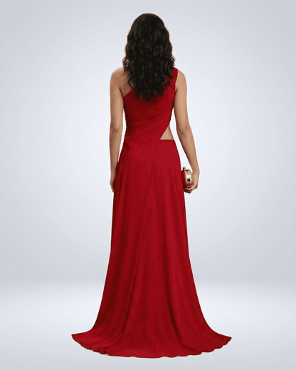 Caldera Maxi Dress by Slimona, one-shoulder red maxi dress with elegant side slit and flowing floor-length silhouette.