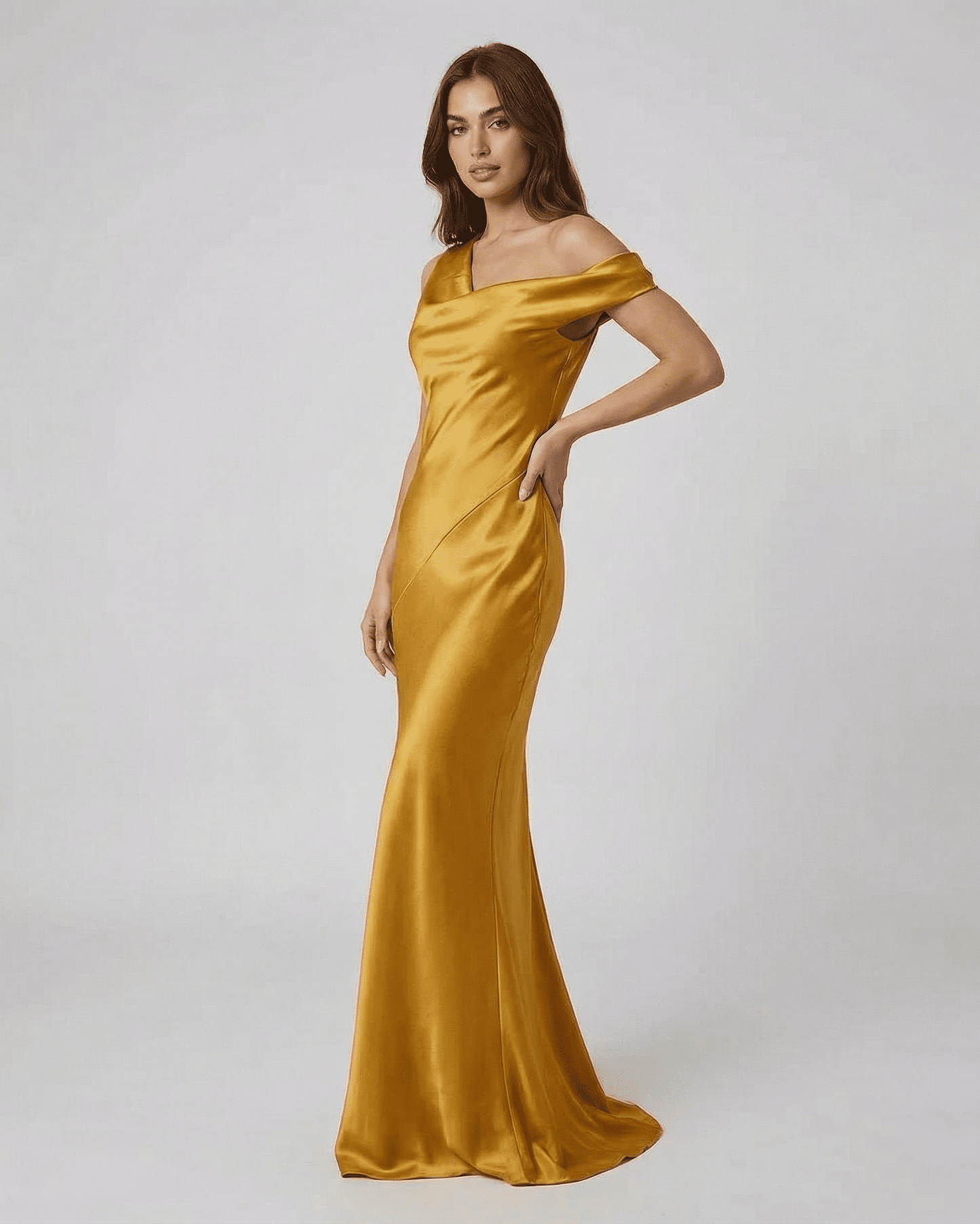 Aurelia Maxi Dress by Slimona, satin gold maxi dress with open back and high waist, elegant floor-length silhouette.