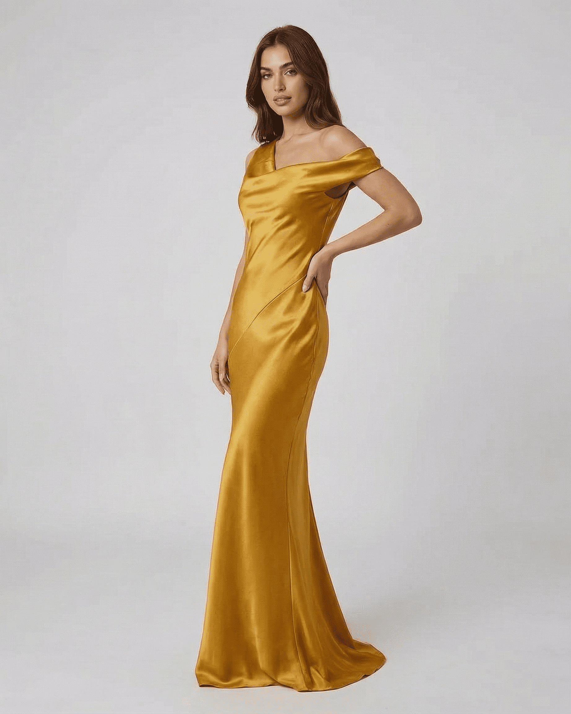 Aurelia Maxi Dress by Slimona, satin gold maxi dress with open back and high waist, elegant floor-length silhouette.