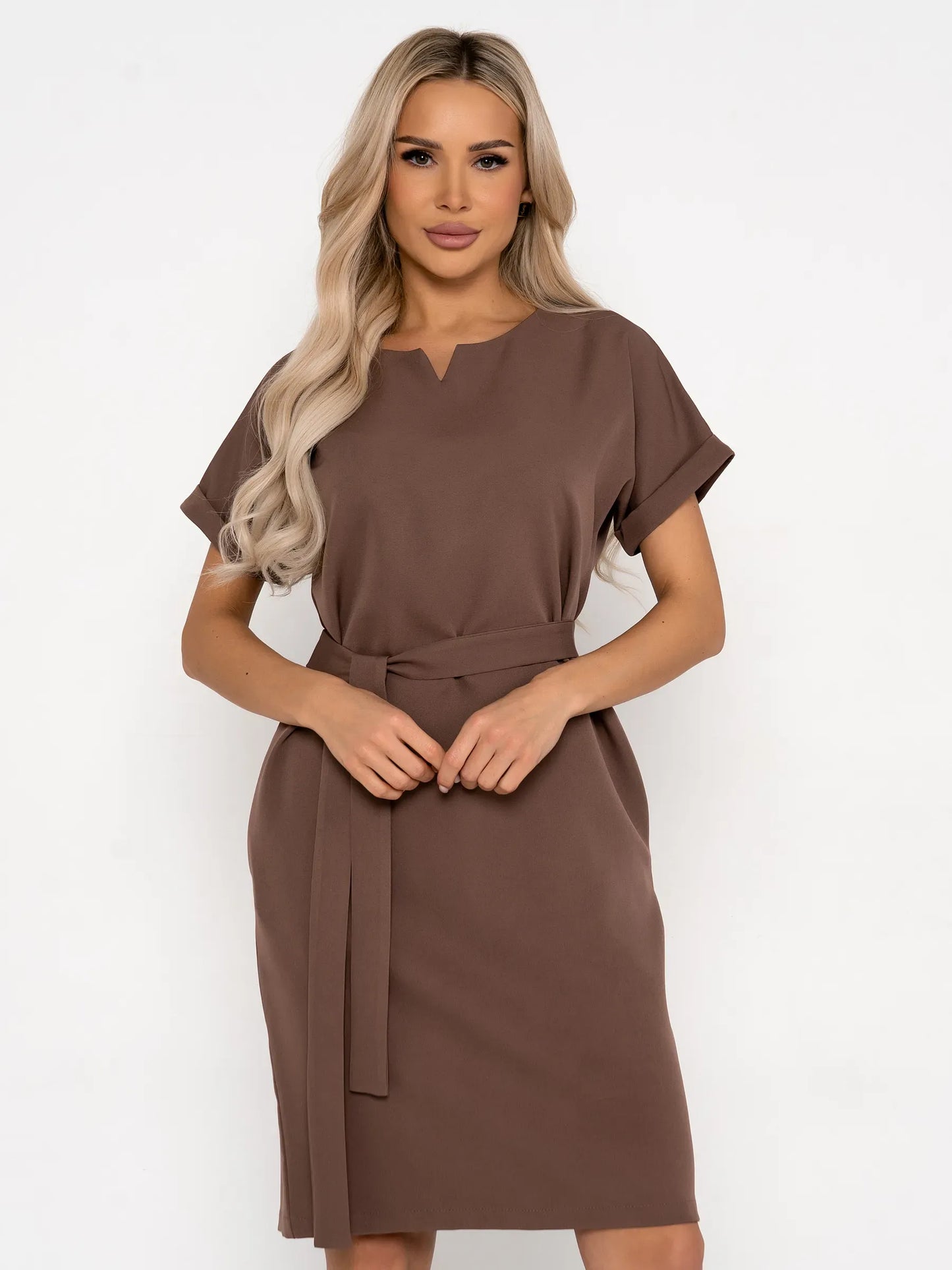 Sleek mocha mini dress with short sleeves and removable belt, perfect for summer weddings or casual outings.
