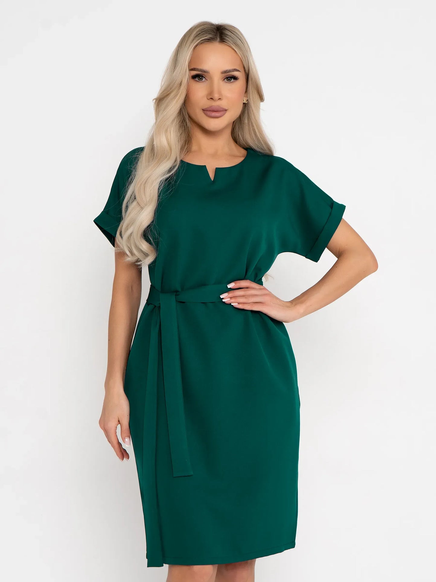 Emerald Mode green mini dress with notched neckline and belted waist, perfect for summer, weddings, and special occasions.