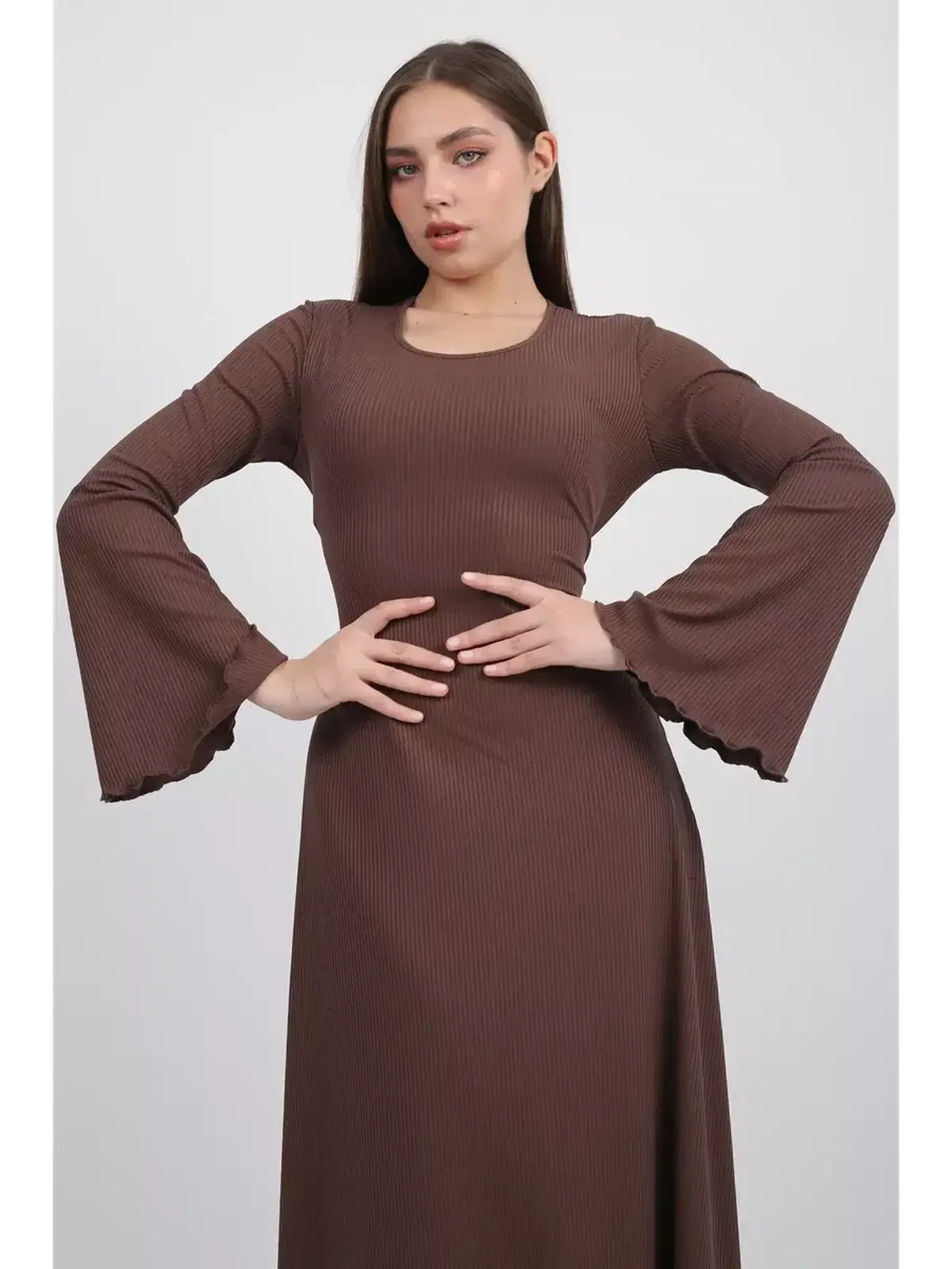 Sculpted Grace Midi Dress in coffee ribbed knit with flared sleeves and U-neckline, perfect for weddings and formal events.