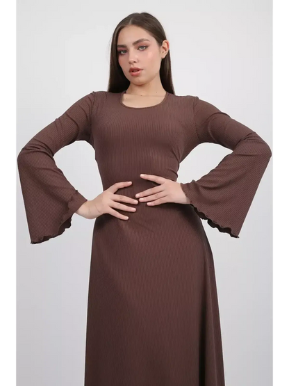 Sculpted Grace Midi Dress in coffee ribbed knit with flared sleeves and U-neckline, perfect for weddings and formal events.