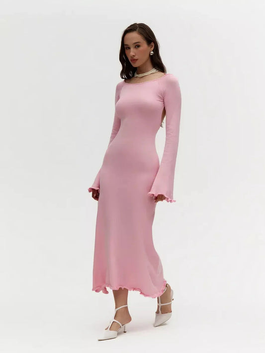 Blush Hour Midi Dress in soft pink with ruffled bell sleeves and open back, perfect for weddings or formal events.