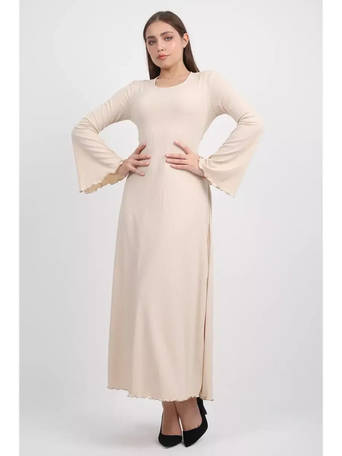 Ivory Flow Midi Dress with bell sleeves and a U-neckline, perfect for weddings, graduations, or formal occasions.