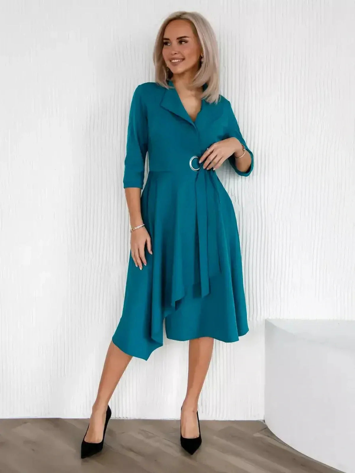 Sea Grace Midi Dress in sea wave teal, featuring a tailored wrap style and A-line skirt for modern elegance.