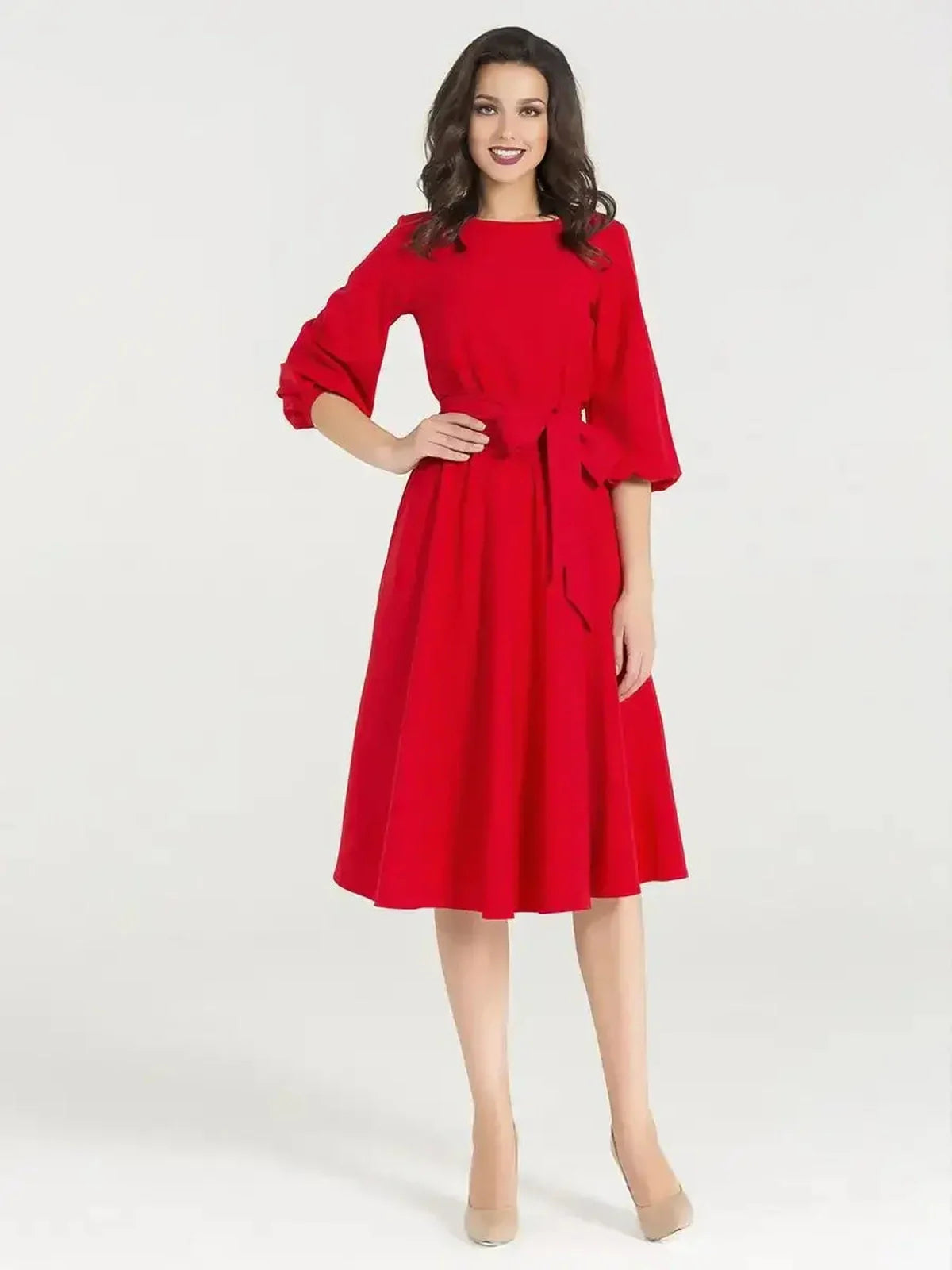 Scarlet Poise Midi Dress featuring balloon sleeves and a flattering A-line silhouette, perfect for weddings or special occasions.