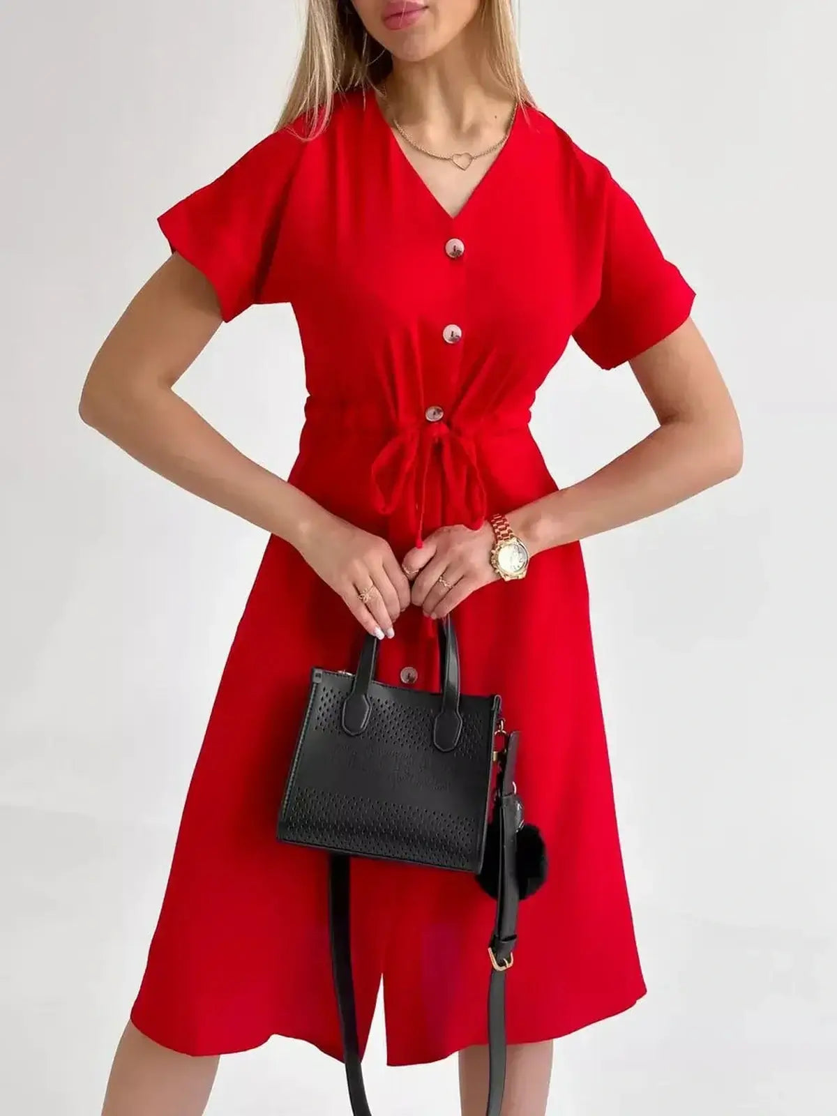 Crimson Charm Midi Dress in radiant red with button-front and waist tie, perfect for weddings, proms, and summer outings.
