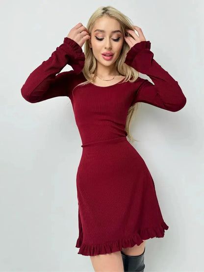 Crimson Flare red mini dress featuring romantic ruffles, ribbed knit fabric, and a stylish fit for women.