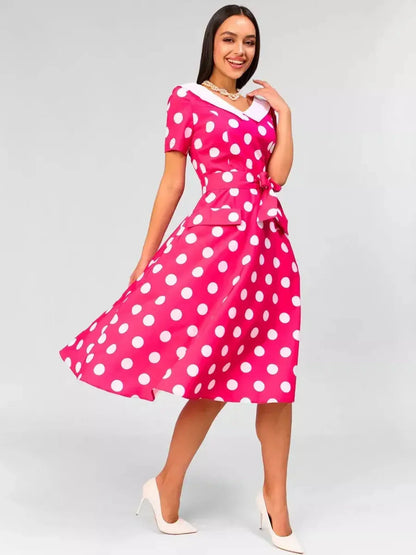 Monaco Charm Midi Dress in pink polka dots with white collar, perfect for weddings or summer parties.