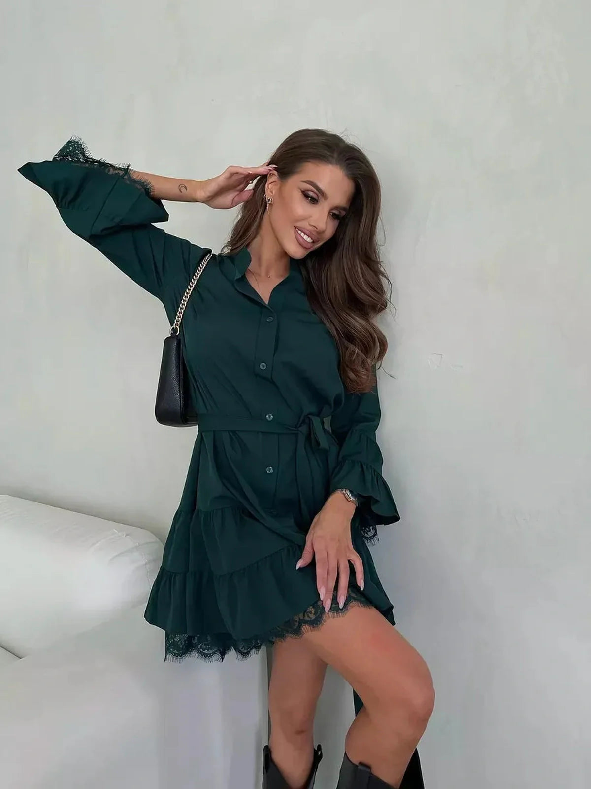 Elegant emerald mini dress with lace trim, perfect for summer dresses, cocktail events, and wedding guest attire.