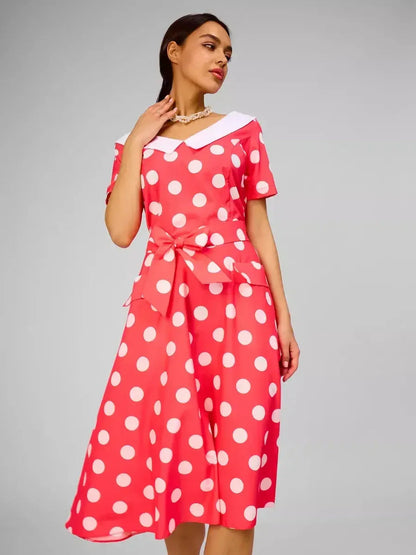 Sailor Chic Midi Dress in pink polka dots, featuring a white sailor collar and self-tie waistbelt, perfect for summer events.