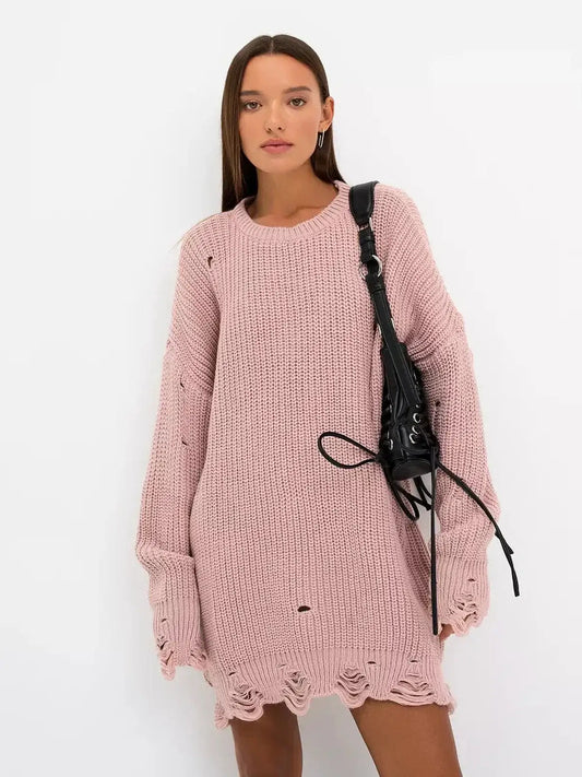 Dusty pink oversized knit mini dress with distressed design, perfect for wedding guest or casual summer events.