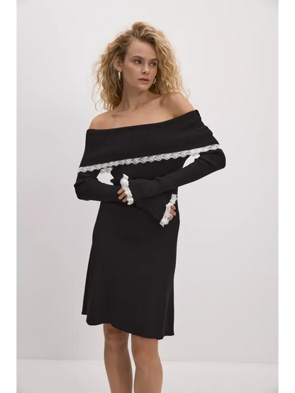 Lace Off-Shoulder Mini Dress in black, featuring white lace trims. Perfect for summer, weddings, and formal occasions.