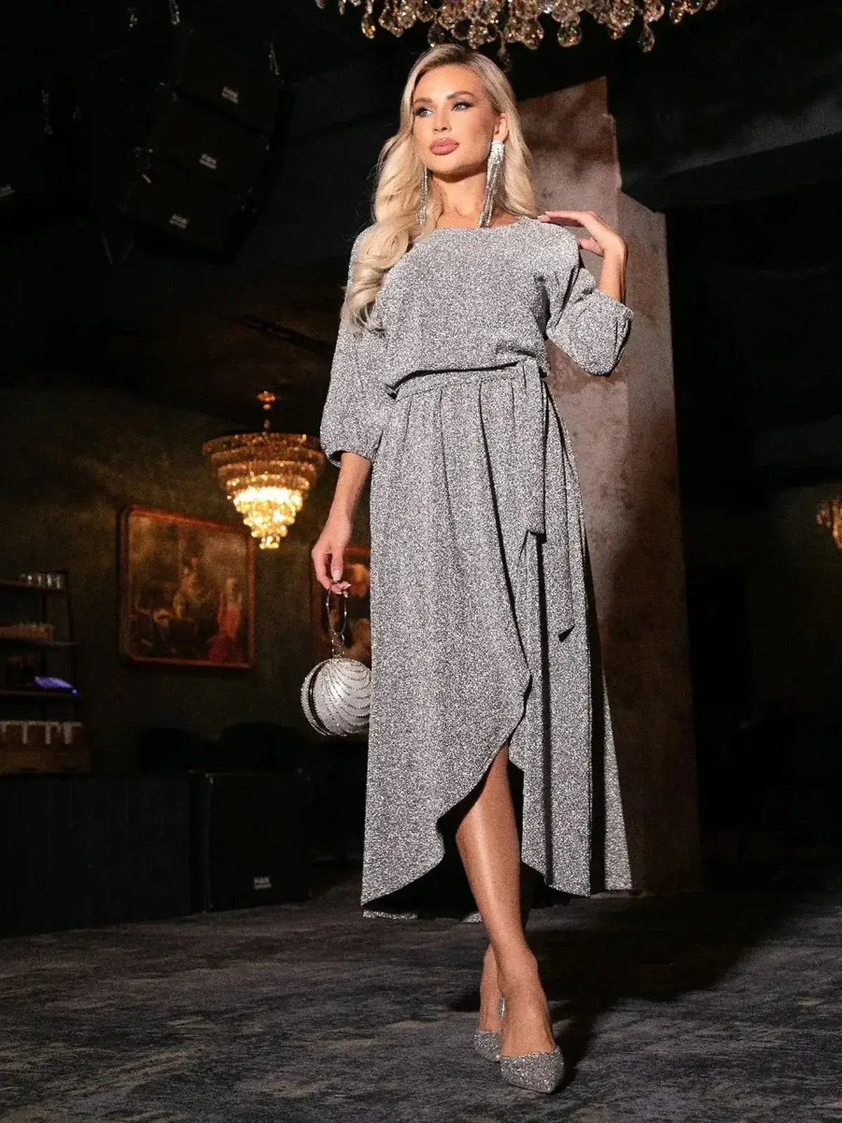 Starlit Sparkle Midi Dress in silver shimmer with elegant cutouts, perfect for weddings, proms, and special events.