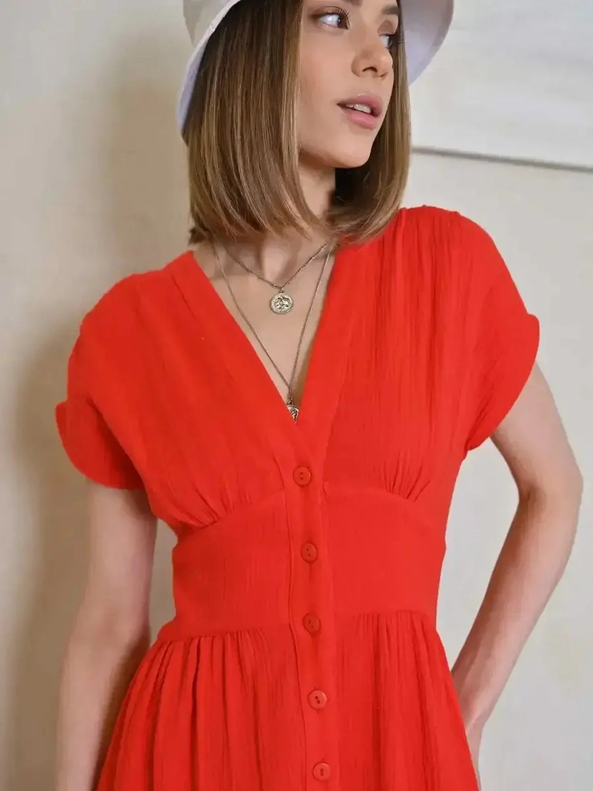 Flare Muse Midi Dress in radiant red, featuring a V-neckline and corset detail, perfect for summer occasions.