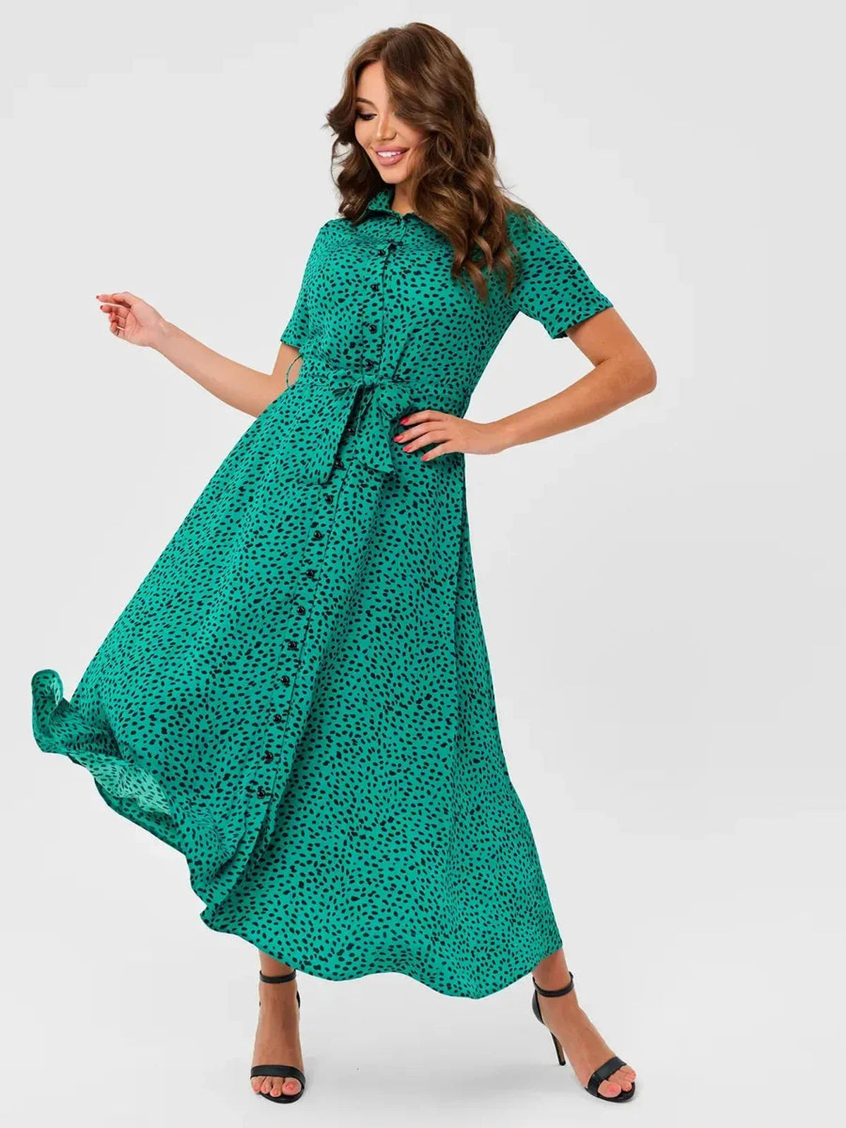 Jade Petal Midi Dress in vibrant green, featuring button front, V-neckline, and self-tie belt for a chic summer look.
