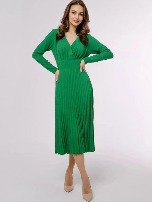 Emerald Grace Midi Dress featuring a wrap V-neck, pleated long sleeves, perfect for weddings or elegant occasions.