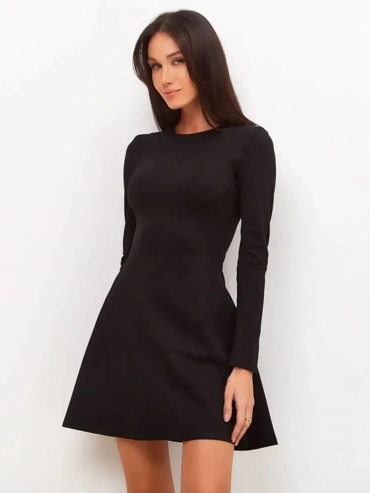 Elegant black mini dress with long sleeves, perfect for weddings, parties, and stylish outings.