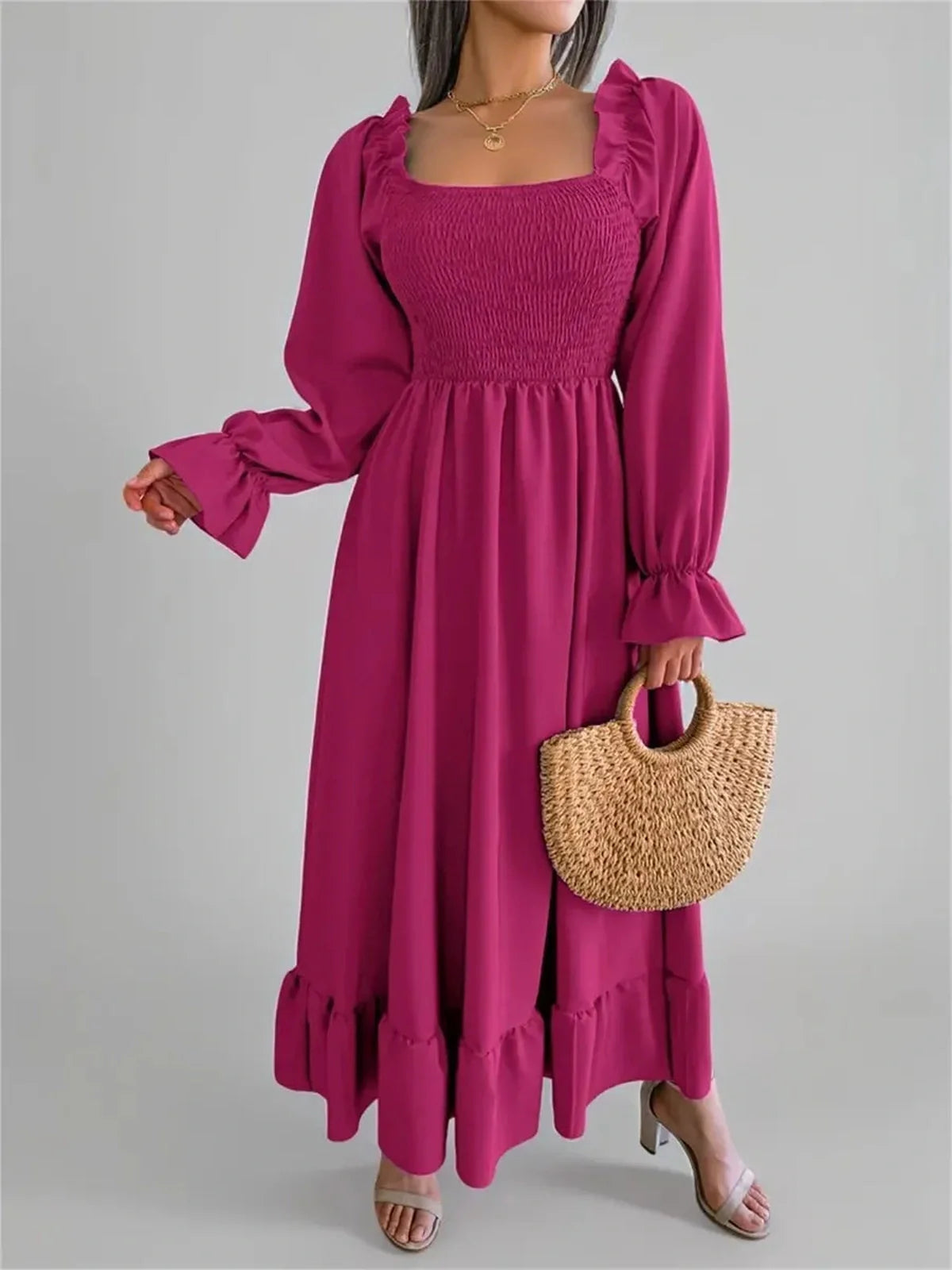Roselle Midi Dress in bold magenta with smocked bodice, ruffled neckline, perfect for weddings or casual outings.