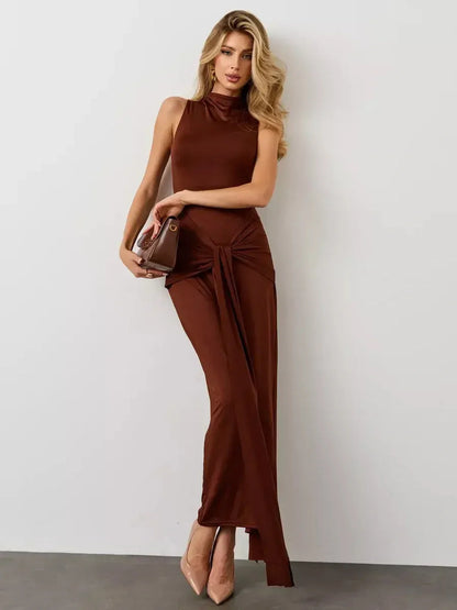 Mocha Muse Maxi Dress featuring a sculptural fit with draped elegance, perfect for formal events and weddings.