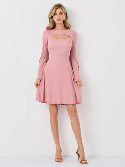 Blush Whisper summer dress in pink, featuring a U-neckline and flared long sleeves, perfect for weddings and special occasions.