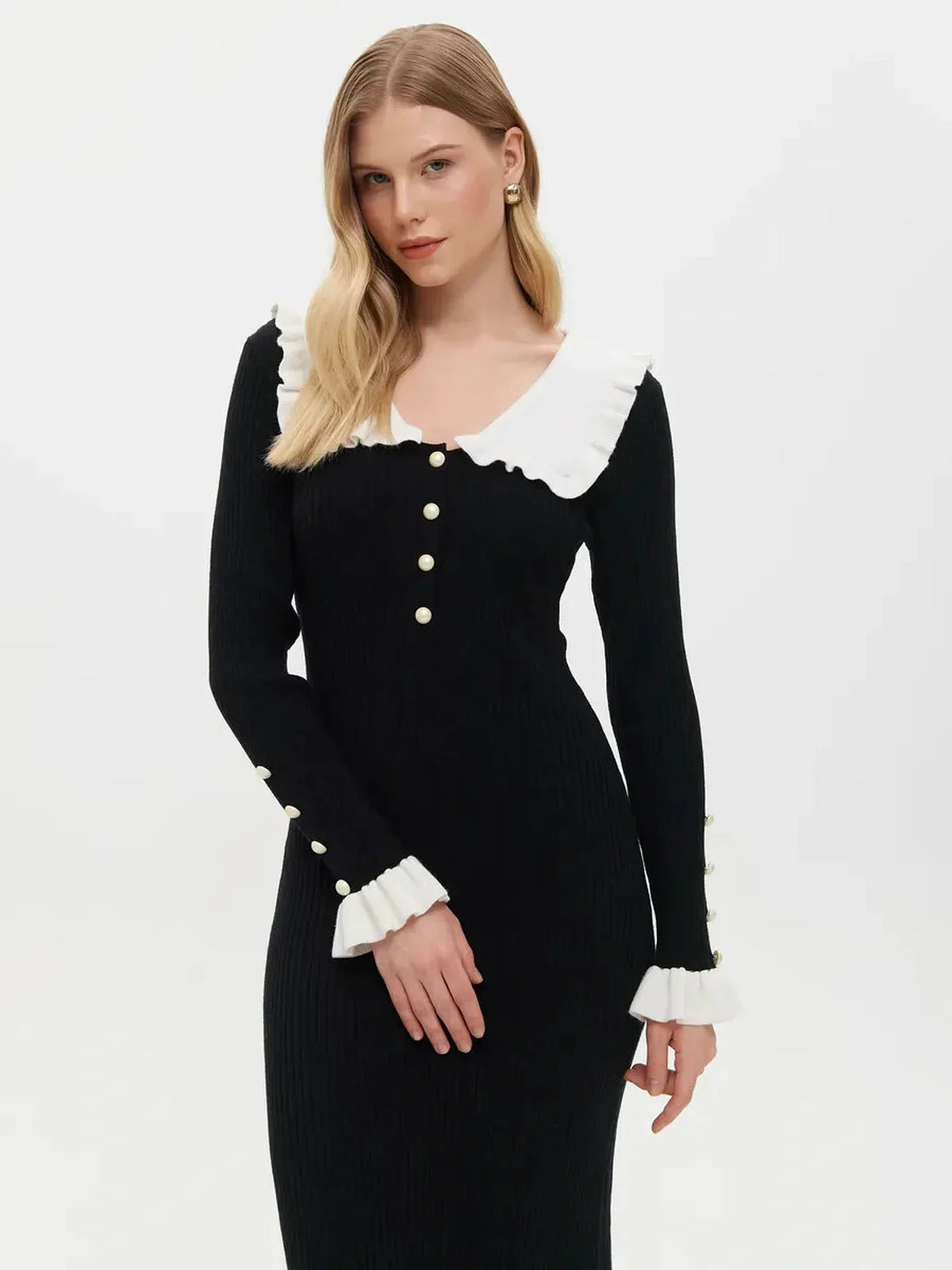 Elegant black ruffle collar midi dress with pearl details, perfect for weddings and formal occasions.