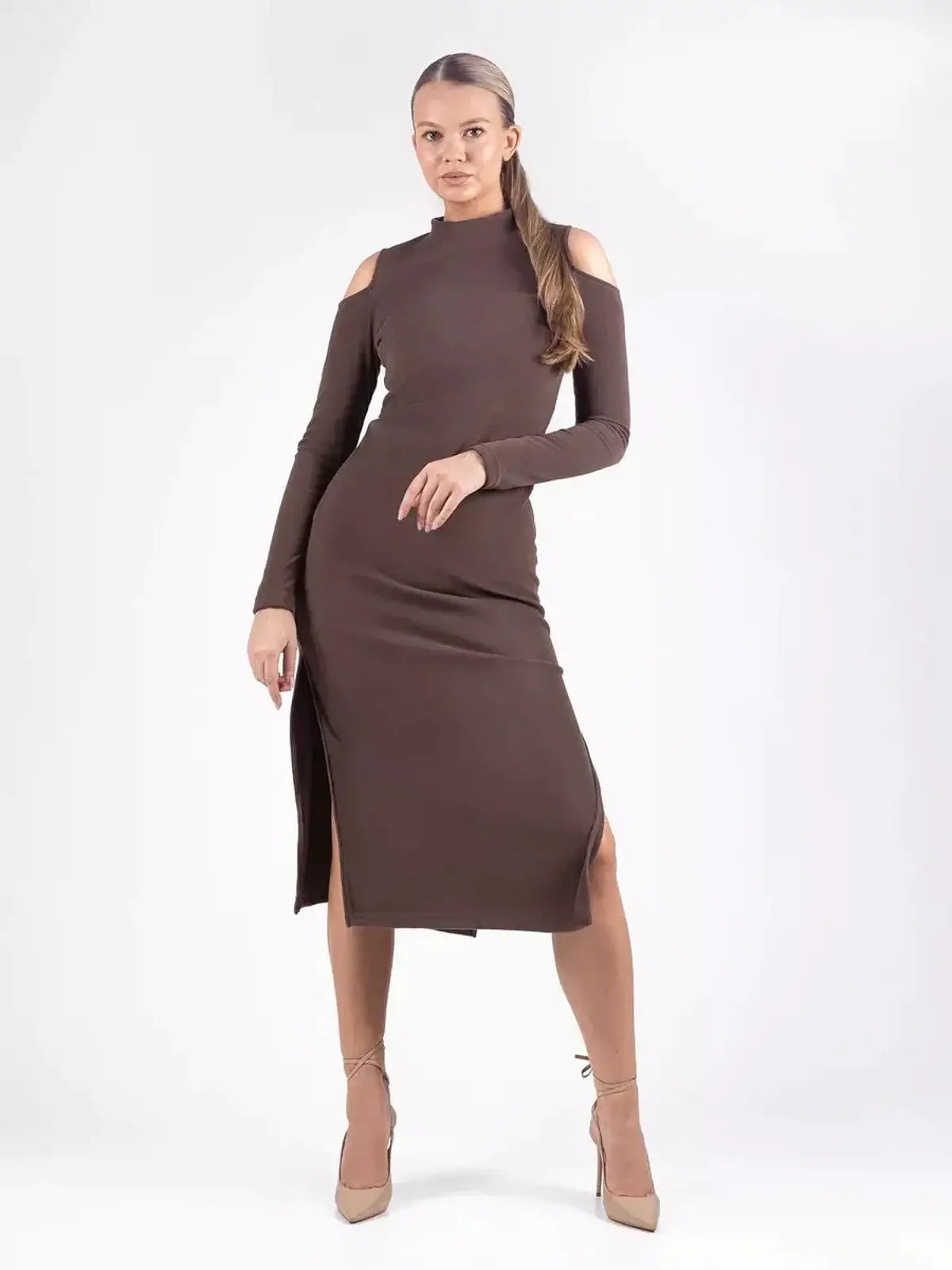 Elegant brown midi dress with cut-out shoulders and thigh slit, perfect for weddings, parties, and casual events.
