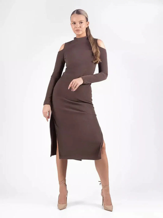 Elegant brown midi dress with cut-out shoulders and thigh slit, perfect for weddings, parties, and casual events.