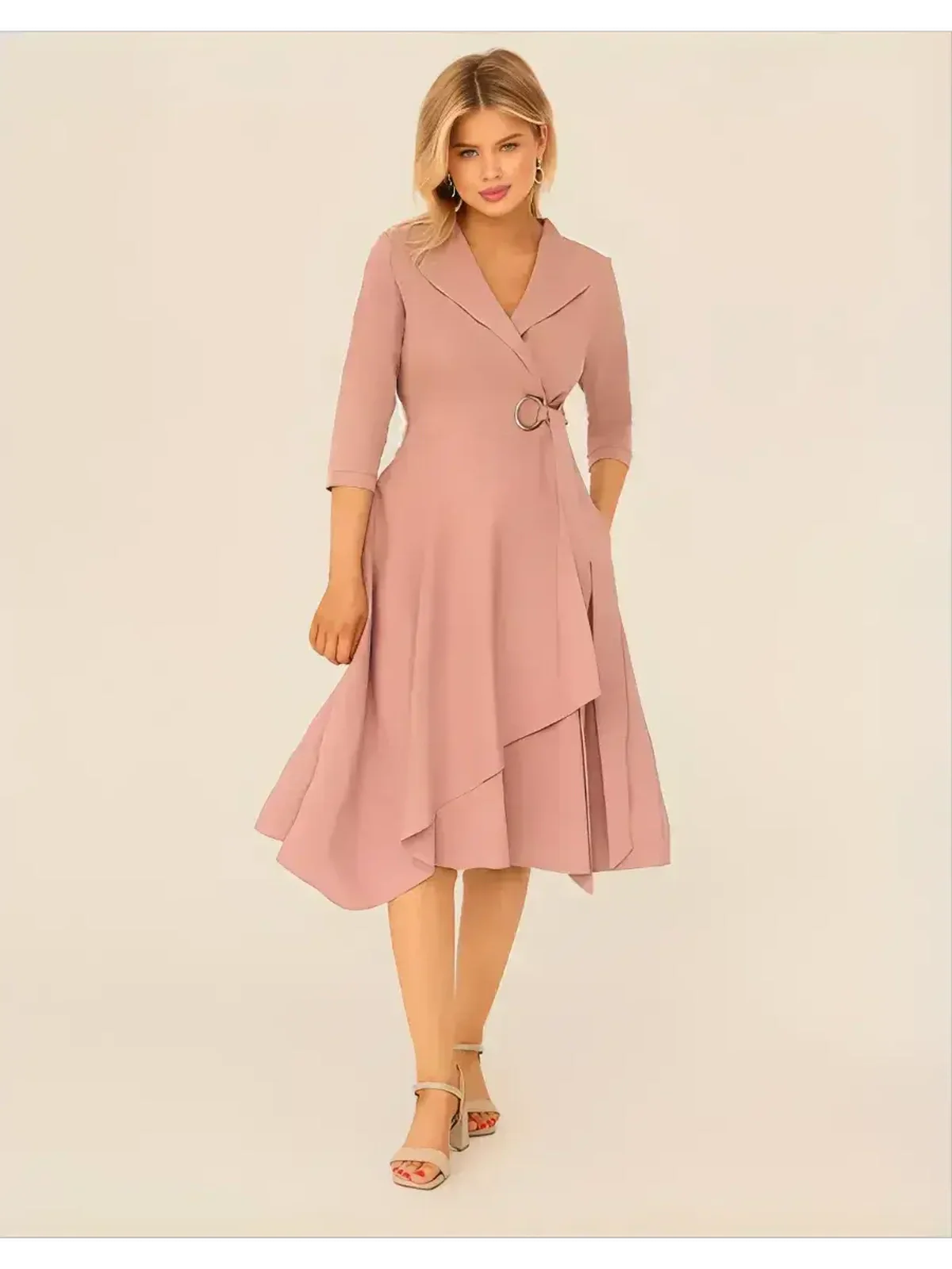 Blush Charm Midi Dress with wrap design and asymmetric hem, perfect for weddings and formal events.