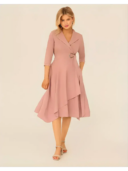 Blush Charm Midi Dress with wrap design and asymmetric hem, perfect for weddings and formal events.